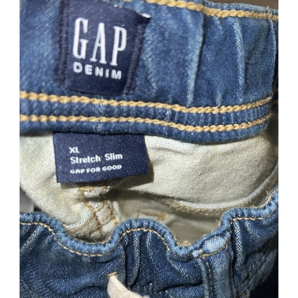 New GAP DISTRESSED STRETCH SLIM PULL-ON DRAWSTRING BLUE JEANS XL‎ 12-13 Boys